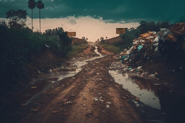 Dirty mud road littered with large garbage and overflowing overflowing garbage
