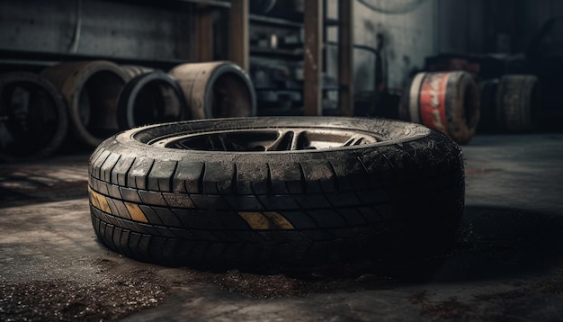 Dirty old tire workshop repairing land vehicles with rusty machinery generated by artificial intelligence