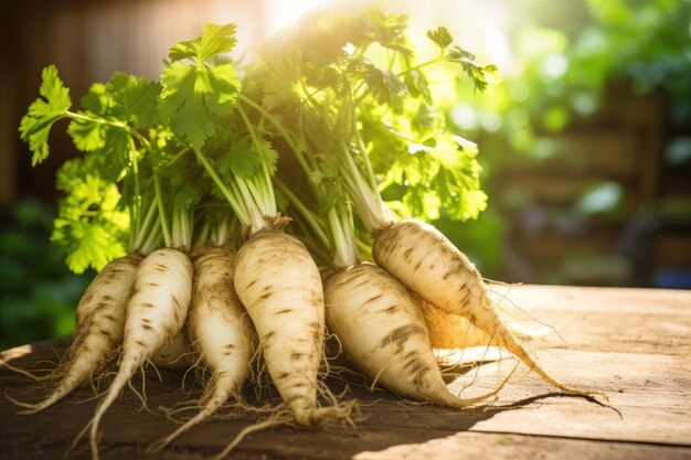 Photo dirty organic parsley roots in soft cloudy light