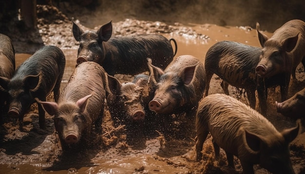 Dirty piglet grazing in wet meadow pasture generated by AI