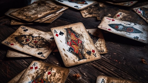 Dirty playing cards on a table with the words playing cards on it