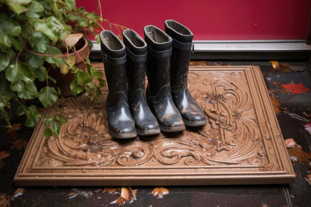 Фото Грязные ботинки для дождя на коврике с монограммой