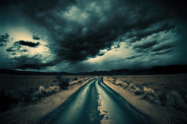 Dirty road and gloomy sky accompany the dark landscape Cloudscape HDR