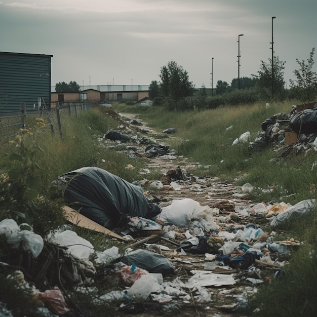 A dirty road with trash and a building in the background