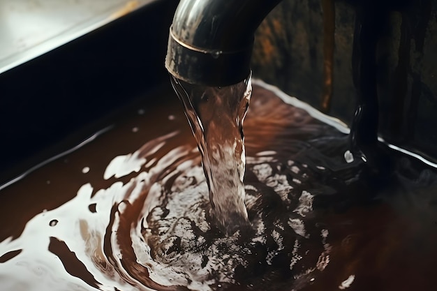 Foto acqua sporca e arrugginita che scorre da un vecchio rubinetto in un lavandino macchiato