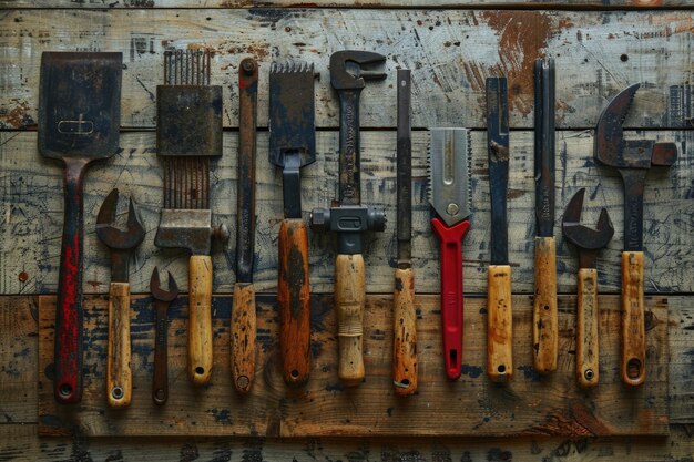 Dirty set of hand tools on a wooden panel