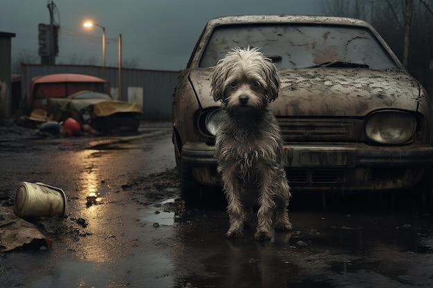 A dirty stray dog is standing near the car