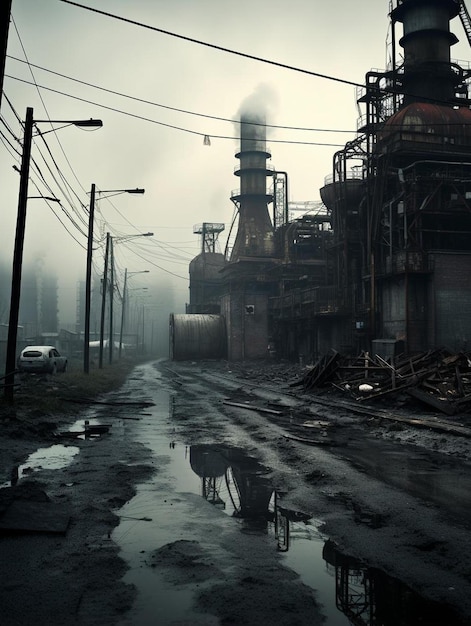 a dirty street with a factory in the background