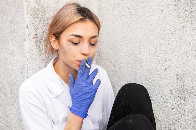 病院の外に座って喫煙している顔に灰を持った汚い疲れた看護師