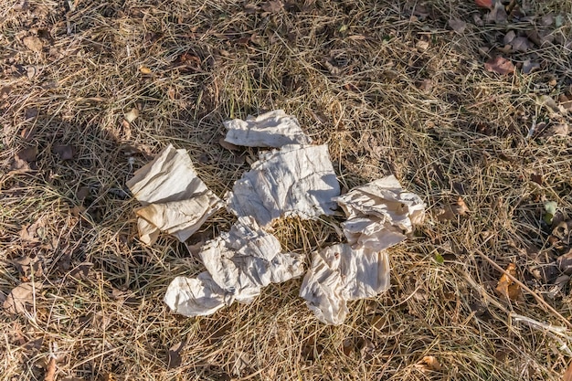 Грязный мусор туалетной бумаги в природе в траве