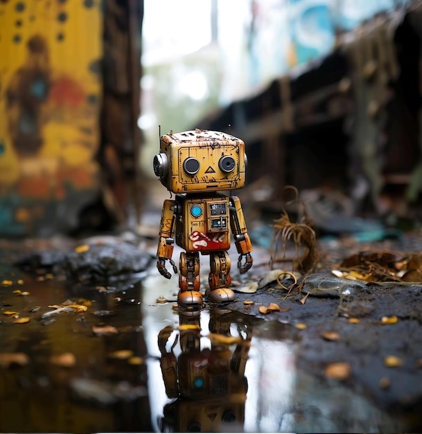 A dirty yellow robot with reflection of the water
