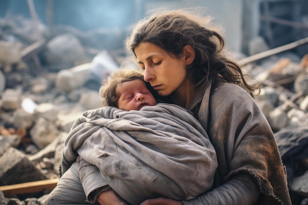 A dirty young syrian woman in a warzone rubble cuddling her newborn baby tears