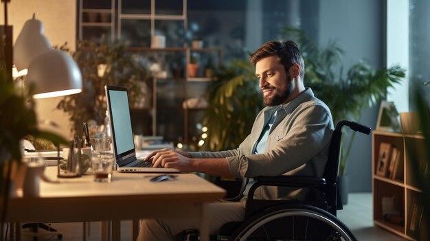 Disabled accountant working on a computer in wheelchair at home