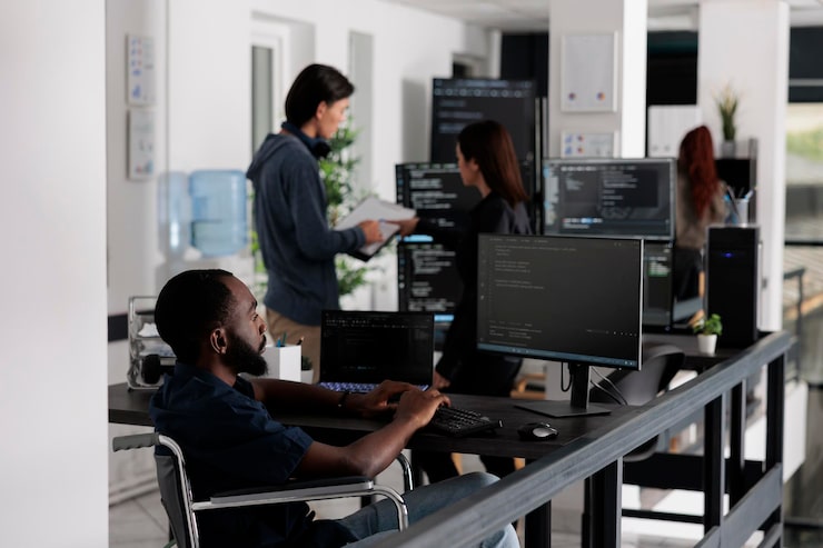 Photo 殘疾非洲裔美國人 it 工程師使用電腦在伺服器程序上工作,在編碼辦公室輸入 html 代碼患有慢性殘疾的網頁開發者使用系統算法撰寫脚本