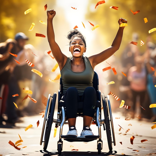 Photo disabled athlete in a wheelchair winning race