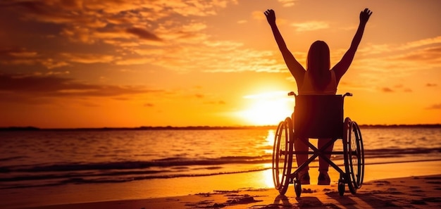 障害者の女の子は、夕日のシルエット写真のパノラマを背景に両手を上げた