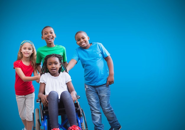 Disabled girl in wheelchair with friends and blue background