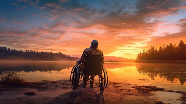 Disabled handicapped man has a hope He is sitting on wheelchair and stretching hands at sunset Generative Ai