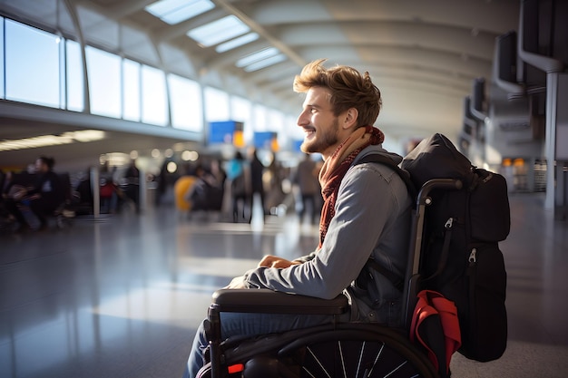 Disabled male traveler carrying backpack sitting in wheelchair at the airport Ai generative