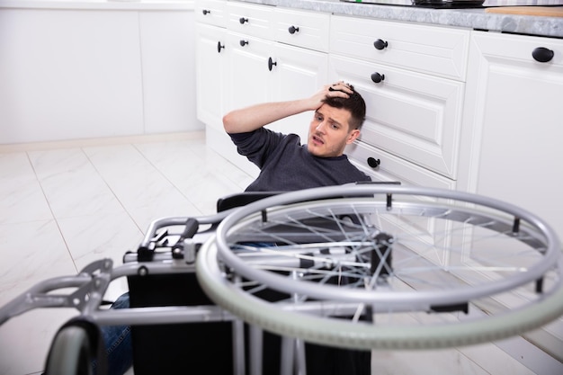 Disabled Man Fallen Out Of His Wheelchair On Floor