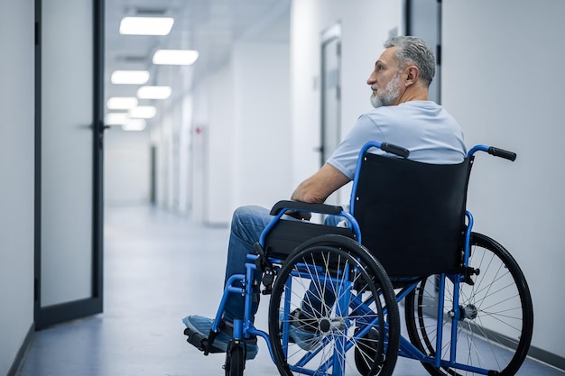 Foto uomo disabile su sedia a rotelle in un centro di riabilitazione