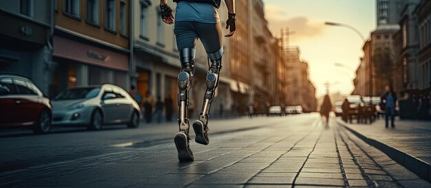 Disabled man with artificial limb walking on the street from a low angle view