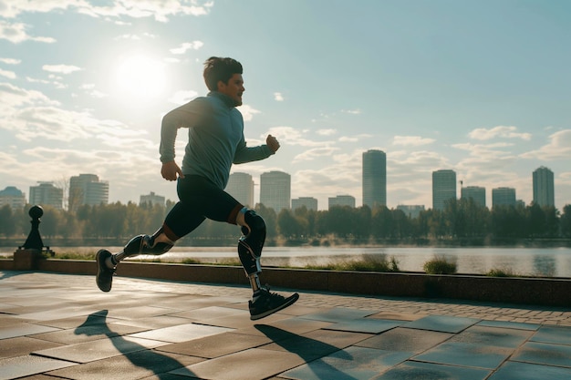 A disabled man with a prosthetic leg in sportswear runs during her morning workout