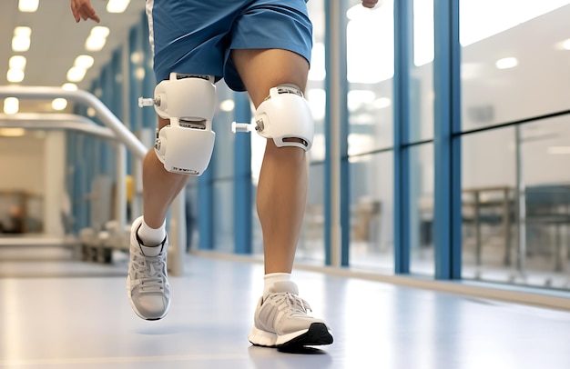 A disabled man with prosthetic legs trains in a rehabilitation center Legs close up