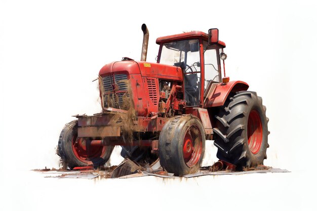 Disabled old tractor on white background