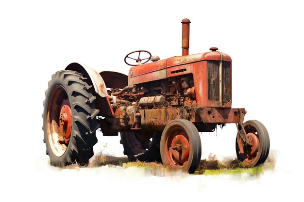 Disabled old tractor on white background