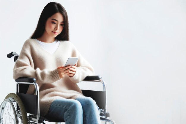 A disabled person sitting in a wheelchair with smartphone on white background copy space