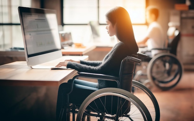 Photo disabled person uses a wheelchair to work in the workplace ideas for working with people