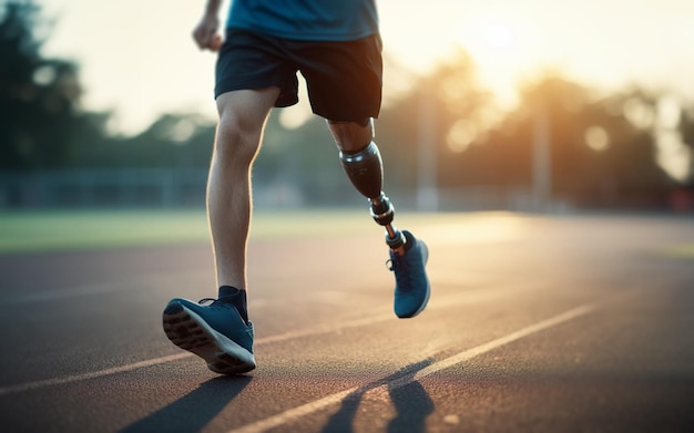 写真 義足を着用した障害者 ランニングフィールドのトレッドミルでの運動 ジョギング