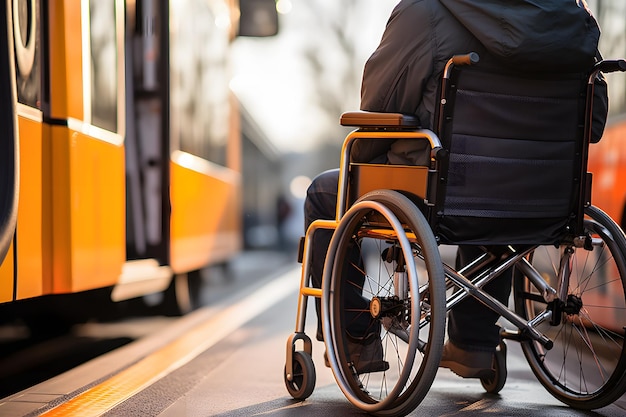 車椅子に乗ってバスの送迎を辛抱強く待っている障害者 i