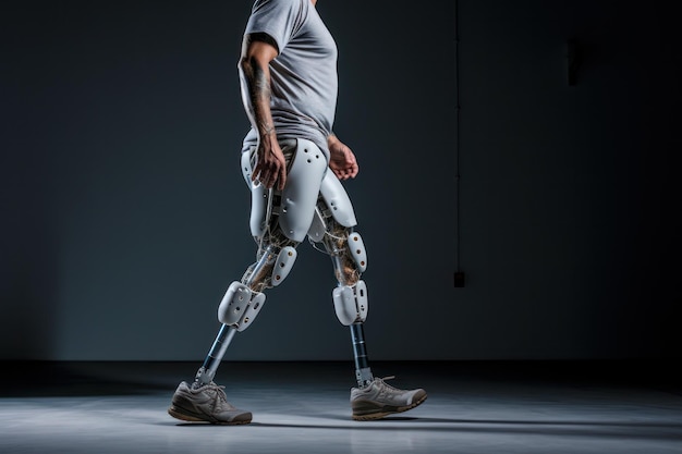 Photo disabled person with leg cybernetic prosthetic leg futuristic bionic prosthesis rehabilitation