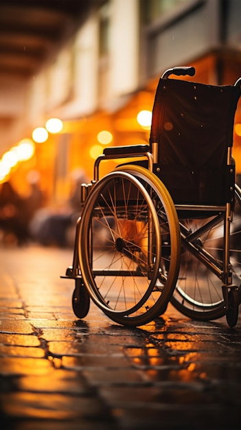 장애인은 권한 부여와 인내를 상징하는 휠체어 바퀴에 손을 얹습니다. 수직 모빌