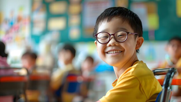 Photo disabled pupil smiling at camera in classroom at the elementary school generative ai