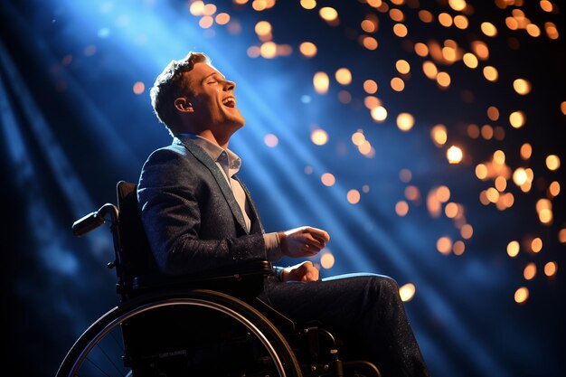 車椅子に乗った障害のある歌手がボケの背景でステージで歌っている