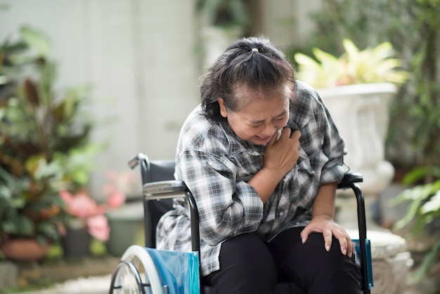 写真 公園で車椅子に座っている時に胸の痛みを感じている障害のある女性