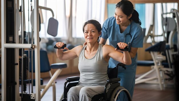 障害のある女性がリハビリテーションセンターのジムでトレーニングする