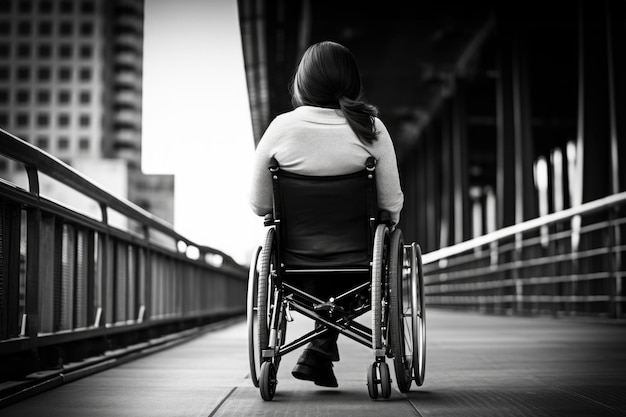A disabled woman in a wheelchair in the city