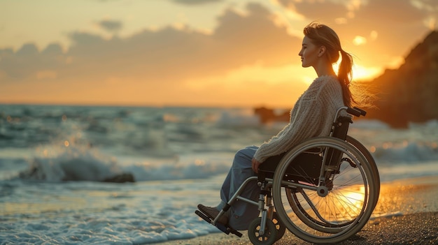 바다 를 바라보는 체어 에 앉은 장애인 여자