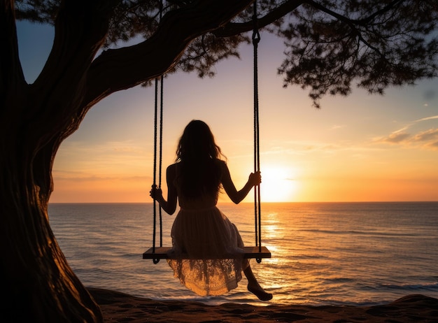 A disabled woman with amputee on swing at sunset Disability concept