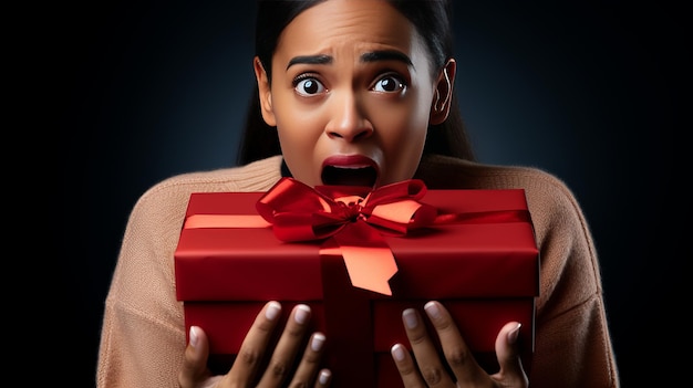 Disappointed AfroAmerican Woman Unwraps Gift Box with anticipationMissing Expectations