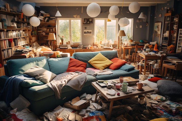 Foto disordine e disordine nel soggiorno contemporaneo di un appartamento moderno ai