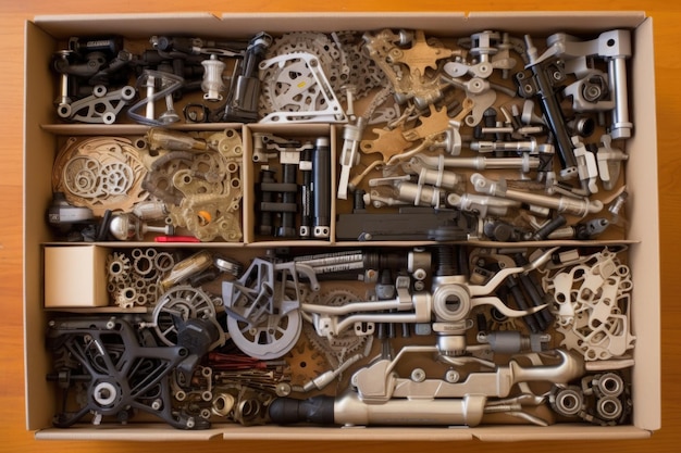 Disassembled bike parts in a box ready for shipping created with generative ai