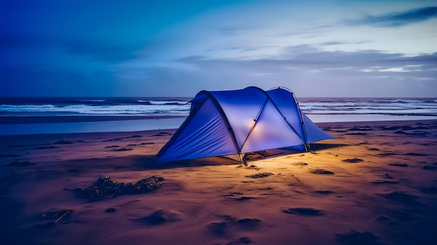 Disassembled blue tent on sandy beach at seacoast adventure travel concept