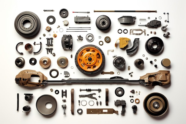 Photo disassembled car parts on white background