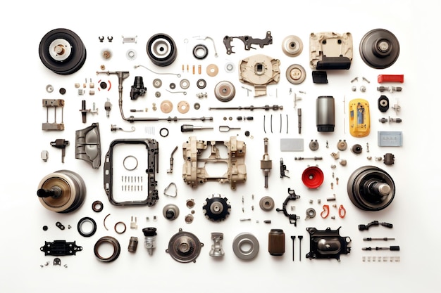 Disassembled car parts on white background