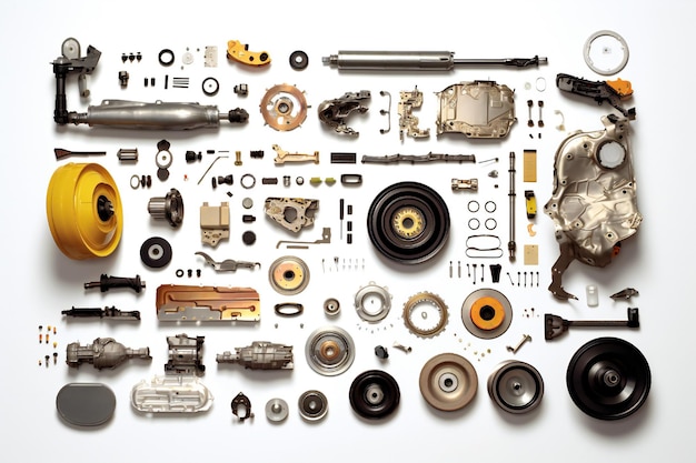 Disassembled car parts on white background